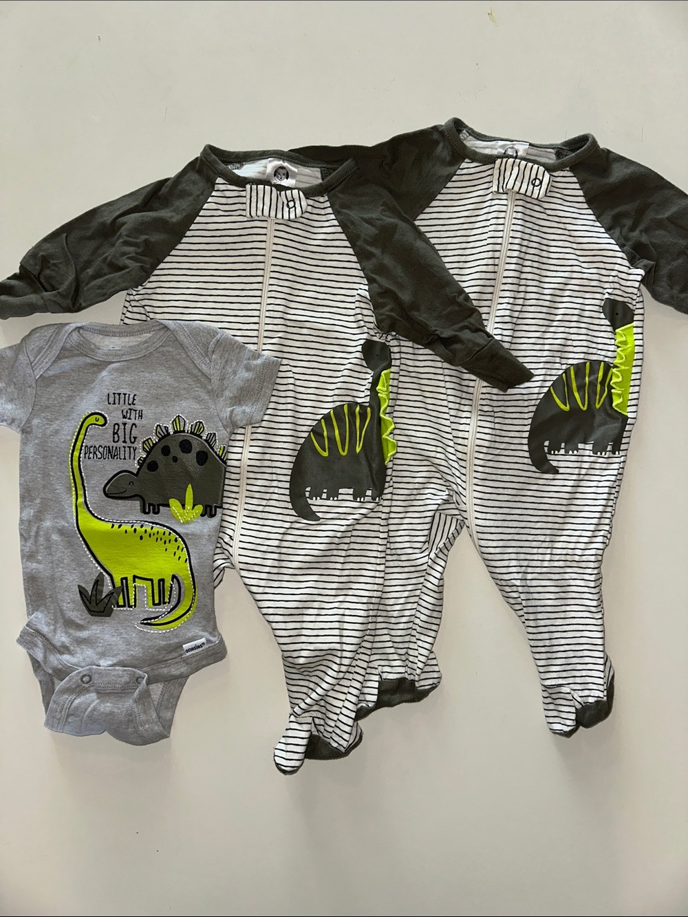 🦕 Gerber Dino Striped Footed One-Pieces (2) with Dino Bodysuit Bundle